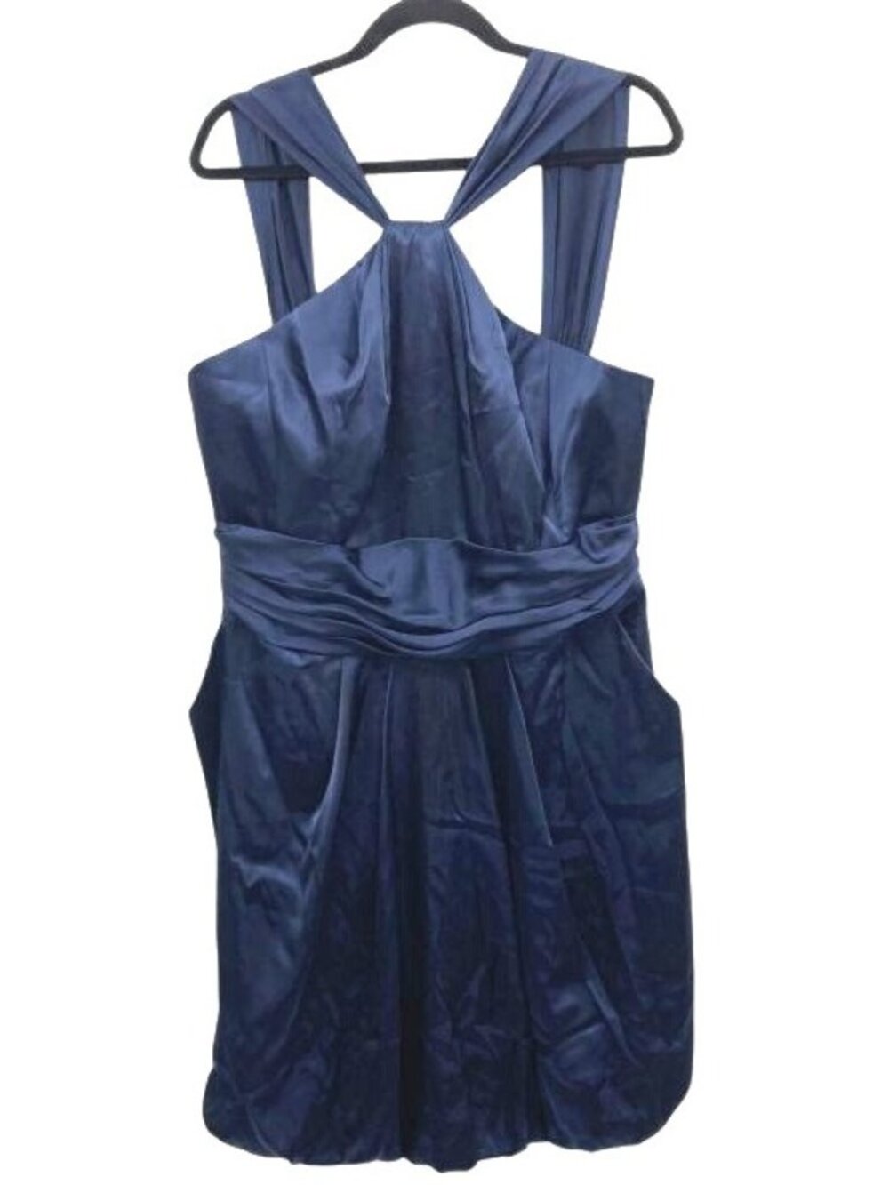 Davids Bridal Navy Satin Halter Dress With Ruched Waist - Size 16 NWT